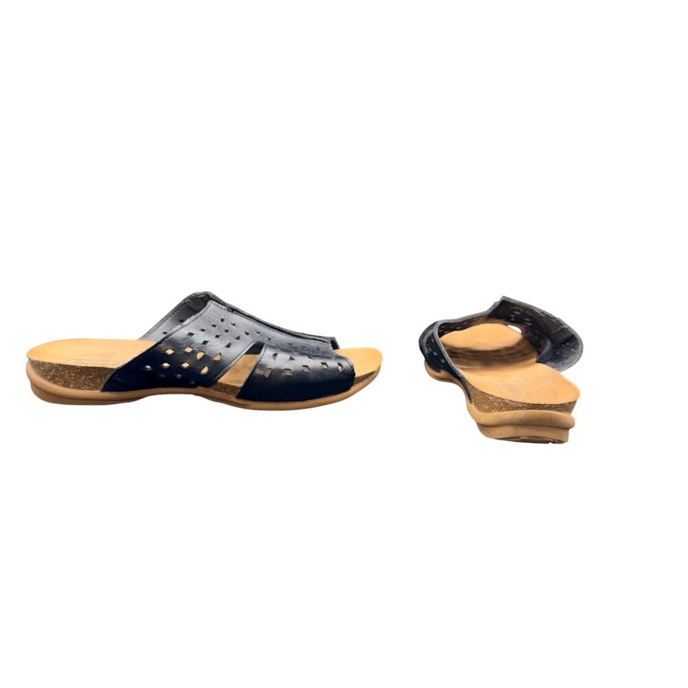 Propet Women’s 9 Black Leather Cutout Comfort Slide Sandals Cork Wedge